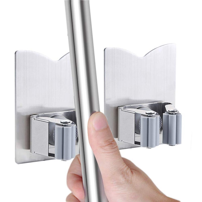 HANZE 2 Pack Mop Broom Holder Racks 304 Stainless Steel Self Adhesive Heavy Duty Wall Mounted Mop Organizer Storage Clip Multi-Used for Garage Kitchen and Bathroom - Image 1